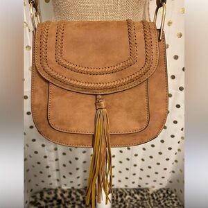 Franco Sarto Faux Suese Brown Woven Crossbody, Bag w Tassel Fringe, like Chloe